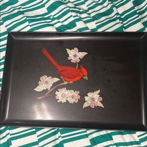 Vintage Resin Serving Tray with Inlayed Cardinal & Flower Design